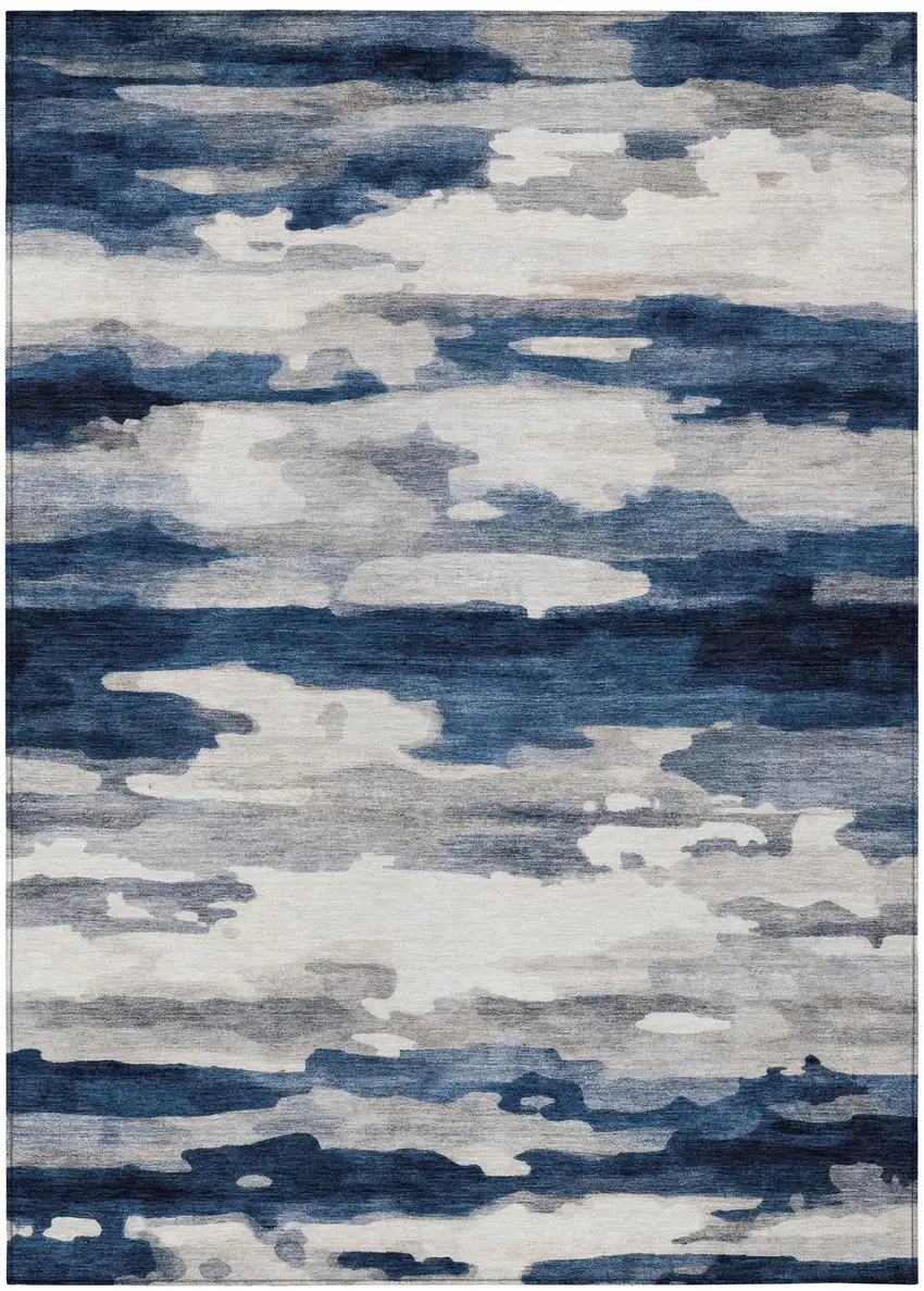 Blue And Silver Abstract Washable Indoor Outdoor Area Rug Photo 3