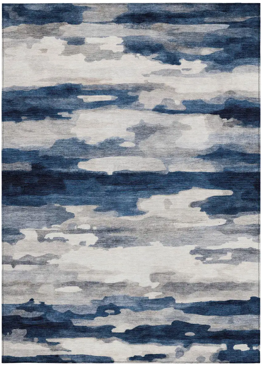 Blue And Silver Abstract Washable Indoor Outdoor Area Rug Photo 2