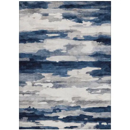 Blue And Silver Abstract Washable Indoor Outdoor Area Rug Photo 2