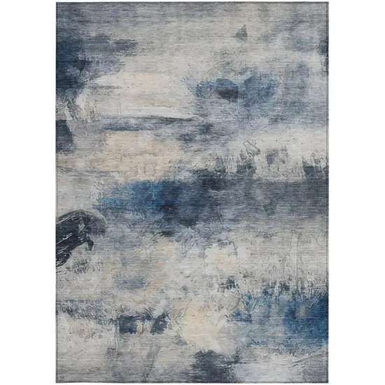 Blue And Silver Abstract Washable Indoor Outdoor Area Rug Photo 2
