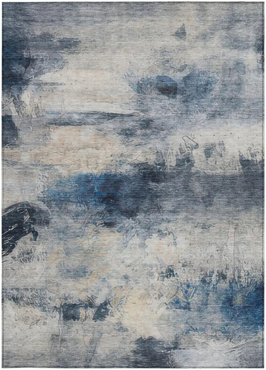 Blue And Silver Abstract Washable Indoor Outdoor Area Rug Photo 2