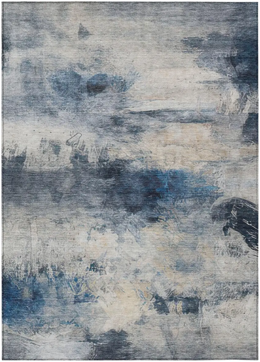 Blue And Silver Abstract Washable Indoor Outdoor Area Rug Photo 3