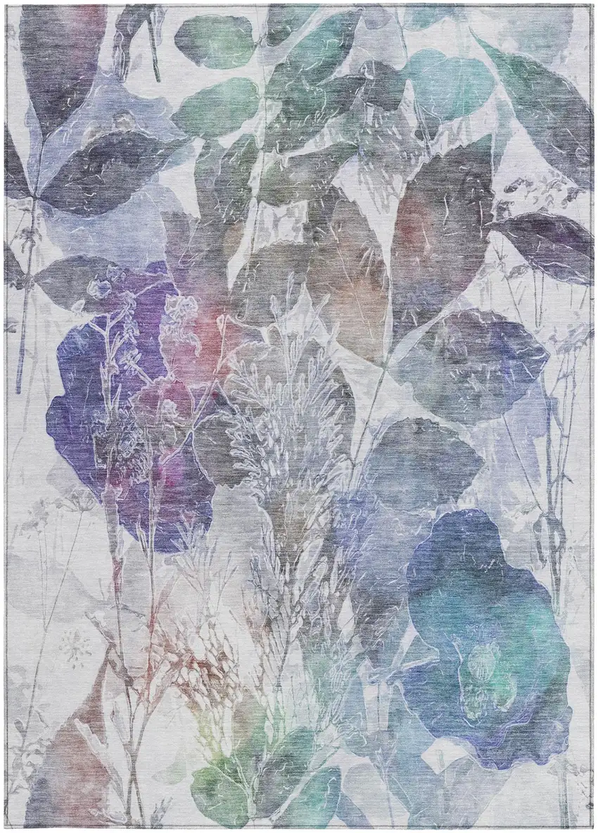 Blue And Silver Botanical Leaves Washable Indoor Outdoor Area Rug Photo 3