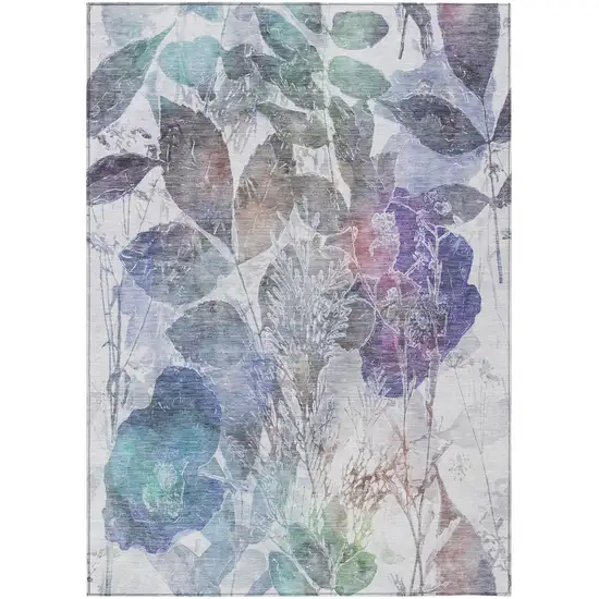 Blue And Silver Botanical Leaves Washable Indoor Outdoor Area Rug Photo 1