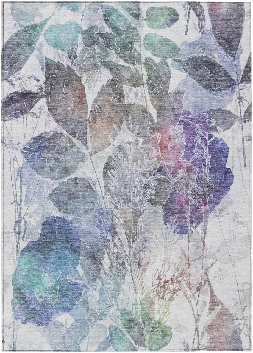 Blue And Silver Botanical Leaves Washable Indoor Outdoor Area Rug Photo 3