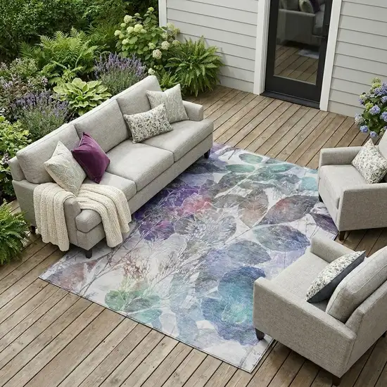 Blue And Silver Botanical Leaves Washable Indoor Outdoor Area Rug Photo 1