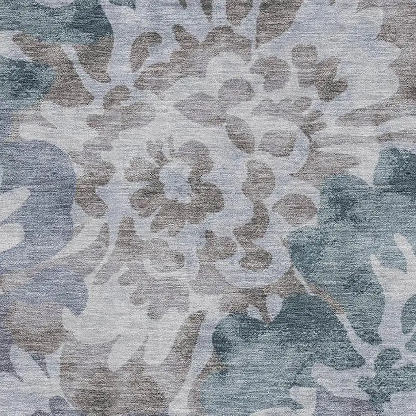 Blue And Silver Floral Washable Area Rug With UV Protection Photo 3