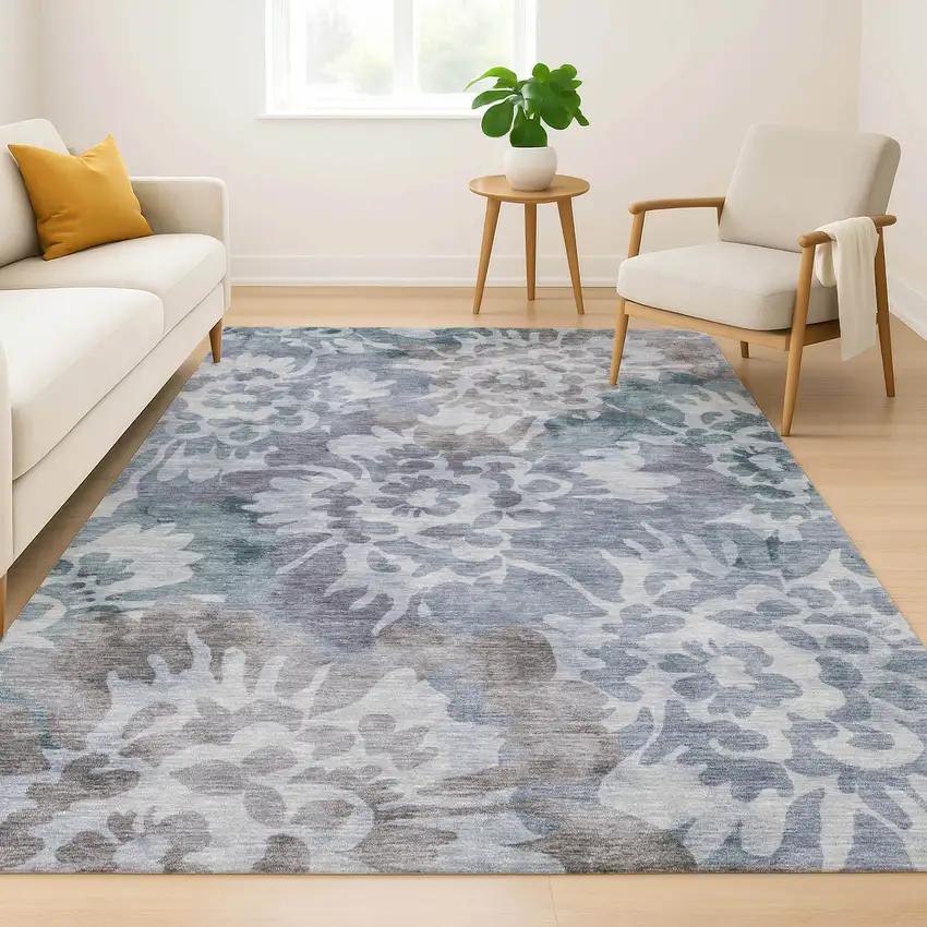 Blue And Silver Floral Washable Area Rug With UV Protection Photo 6