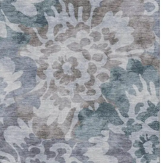 Blue And Silver Floral Washable Area Rug With UV Protection Photo 4