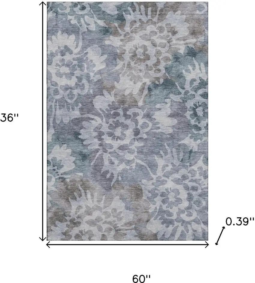 Blue And Silver Floral Washable Area Rug With UV Protection Photo 9
