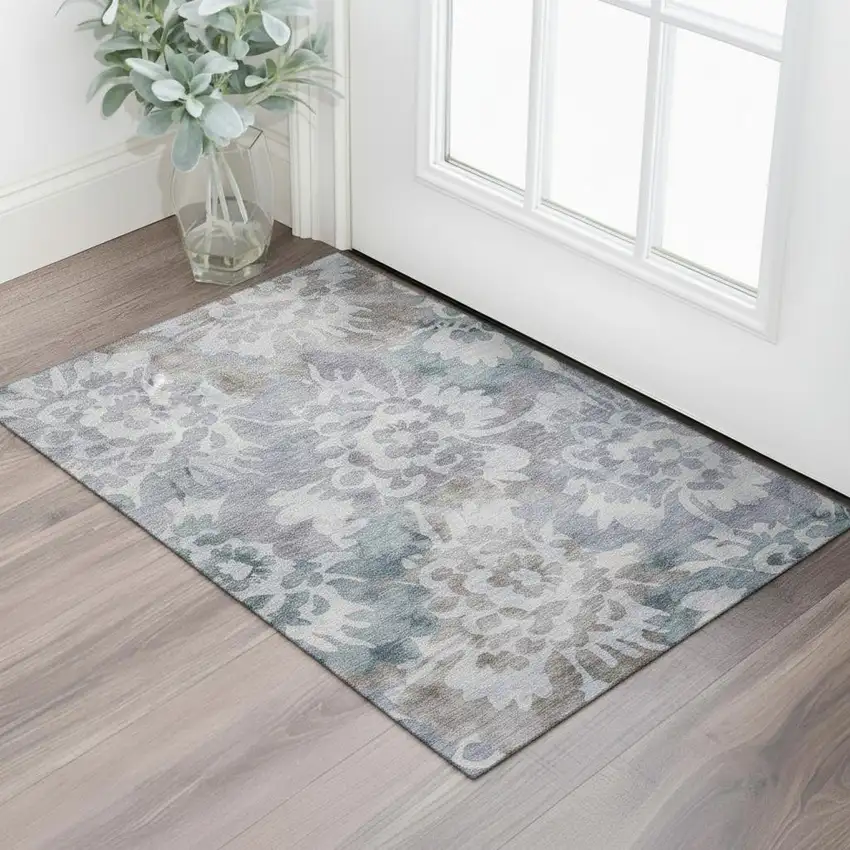 Blue And Silver Floral Washable Area Rug With UV Protection Photo 2