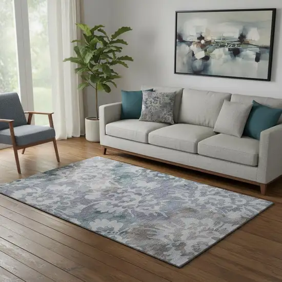 Blue And Silver Floral Washable Area Rug With UV Protection Photo 2