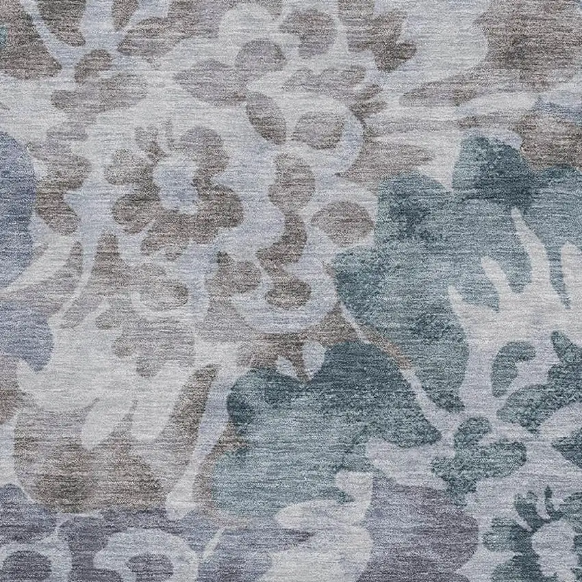 Blue And Silver Floral Washable Area Rug With UV Protection Photo 3
