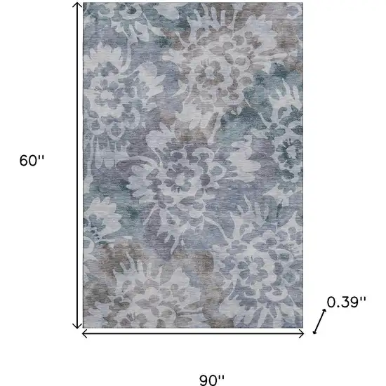 Blue And Silver Floral Washable Area Rug With UV Protection Photo 9