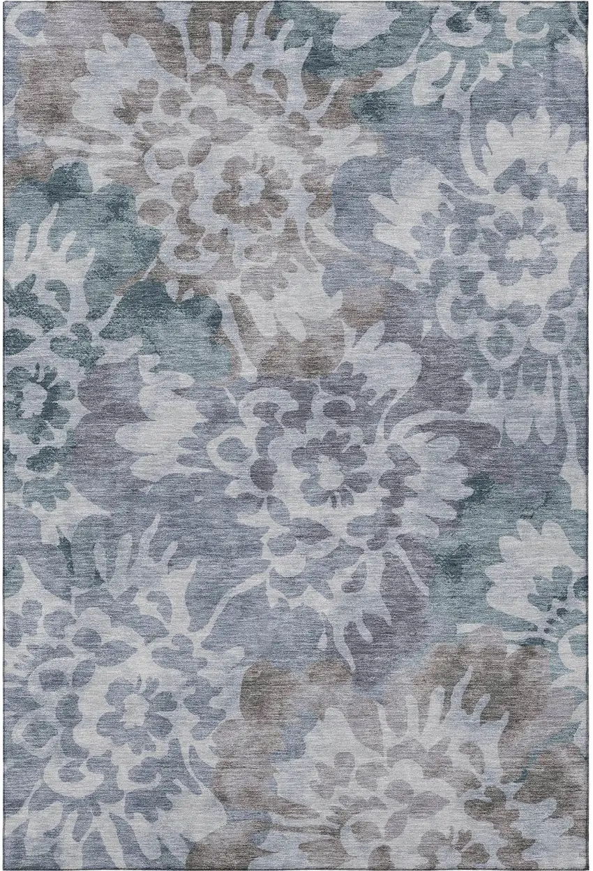 Blue And Silver Floral Washable Area Rug With UV Protection Photo 4