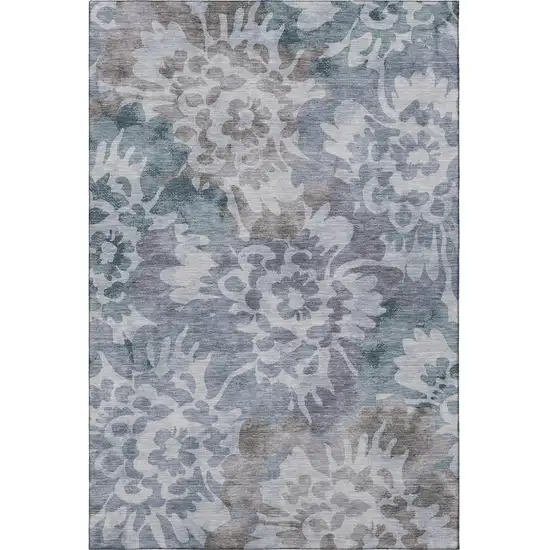 Blue And Silver Floral Washable Area Rug With UV Protection Photo 4