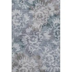Photo of Blue And Silver Floral Washable Area Rug With UV Protection