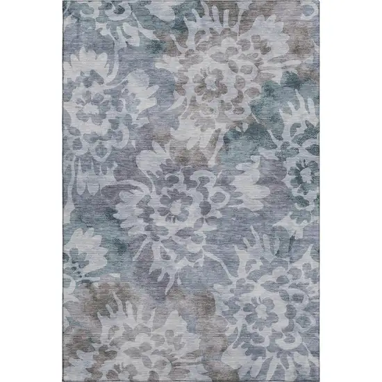 Blue And Silver Floral Washable Area Rug With UV Protection Photo 1