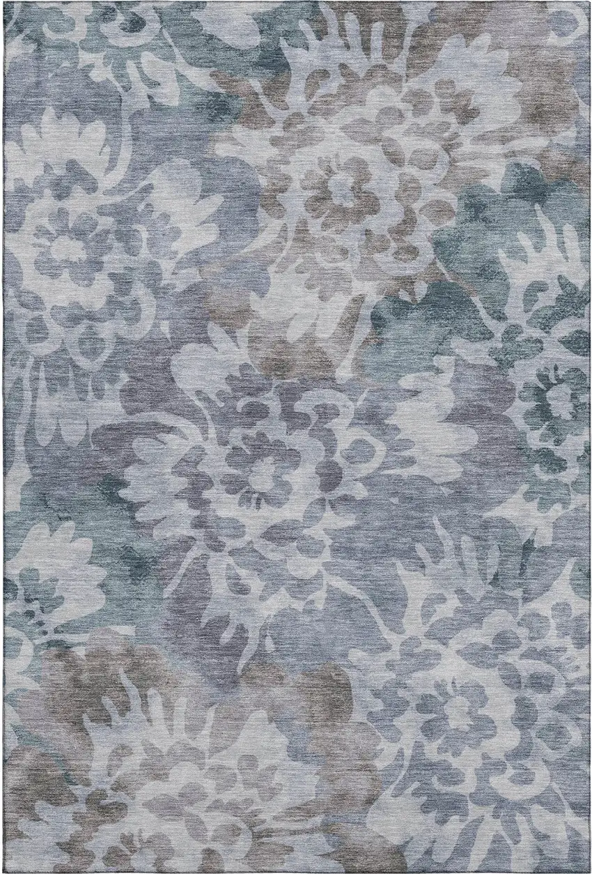 Blue And Silver Floral Washable Area Rug With UV Protection Photo 1