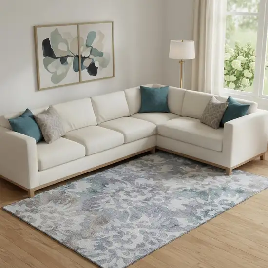 Blue And Silver Floral Washable Area Rug With UV Protection Photo 2