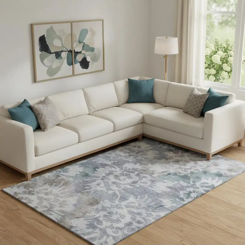 Blue And Silver Floral Washable Area Rug With UV Protection Photo 2