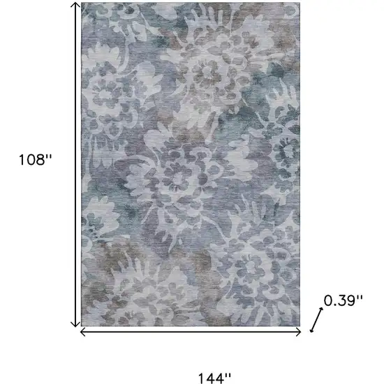 Blue And Silver Floral Washable Area Rug With UV Protection Photo 9