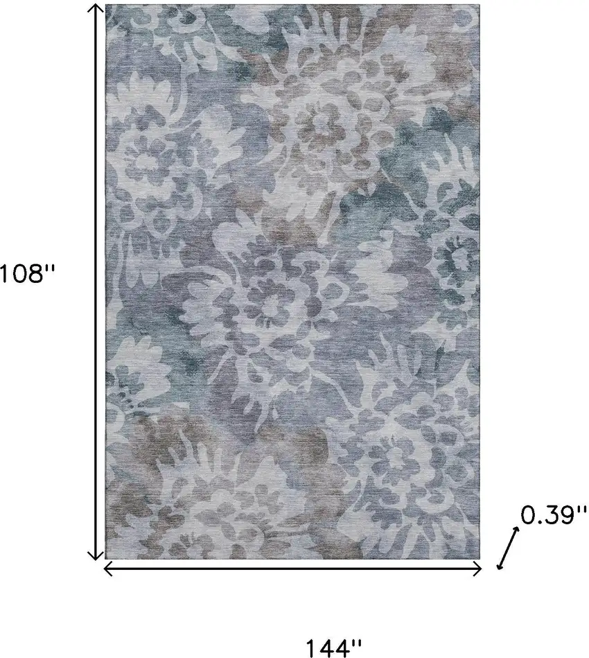 Blue And Silver Floral Washable Area Rug With UV Protection Photo 9