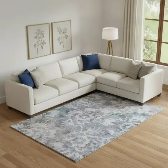 Blue And Silver Floral Washable Area Rug With UV Protection Photo 2