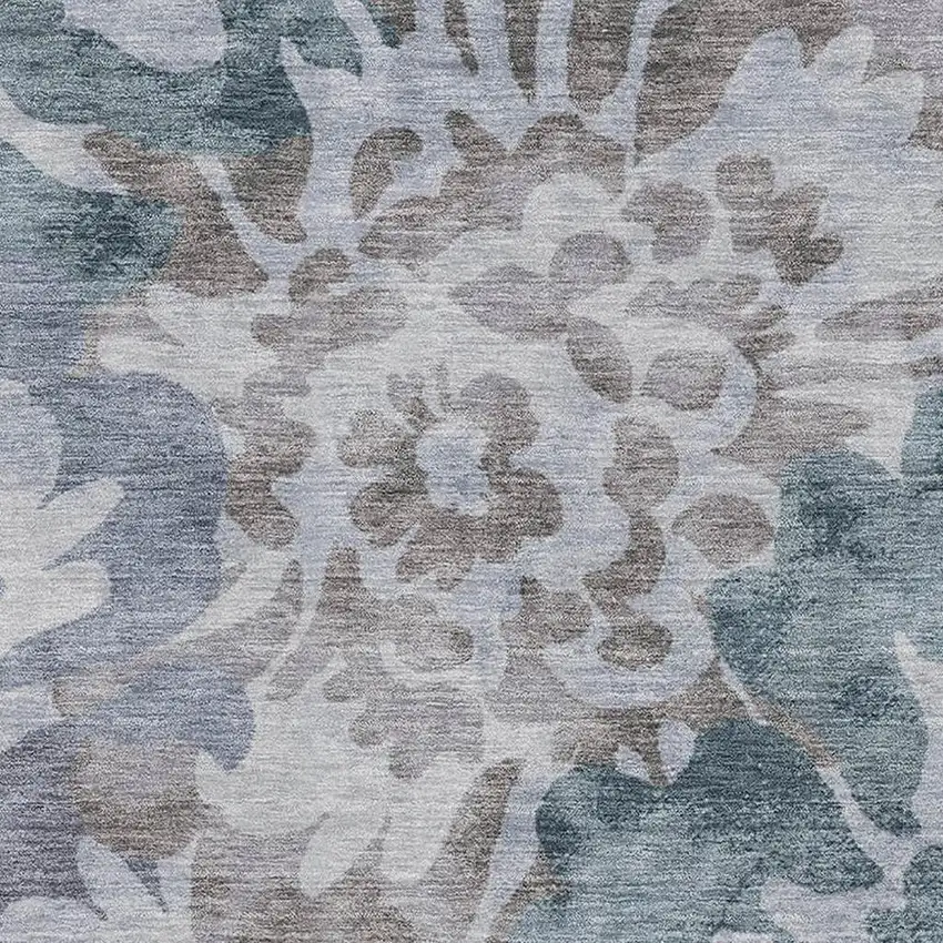 Blue And Silver Floral Washable Area Rug With UV Protection Photo 3