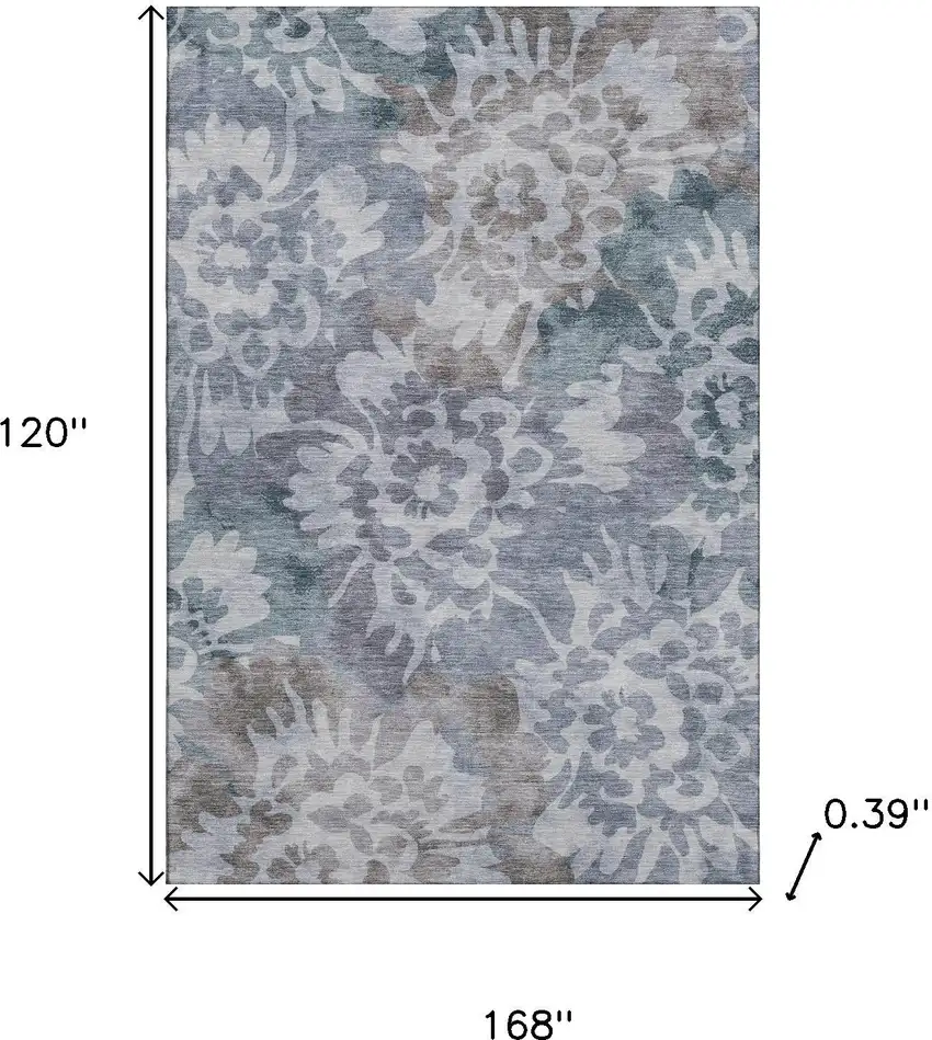 Blue And Silver Floral Washable Area Rug With UV Protection Photo 9