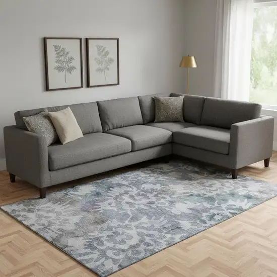 Blue And Silver Floral Washable Area Rug With UV Protection Photo 2