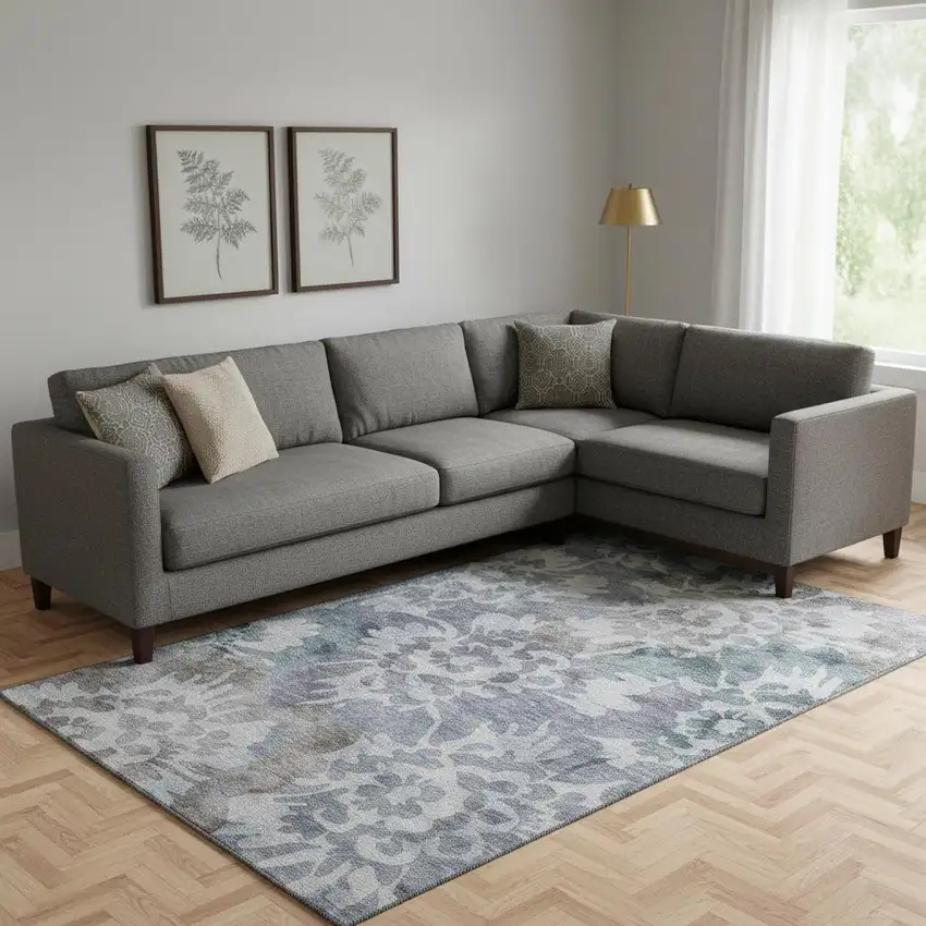 Blue And Silver Floral Washable Area Rug With UV Protection Photo 2