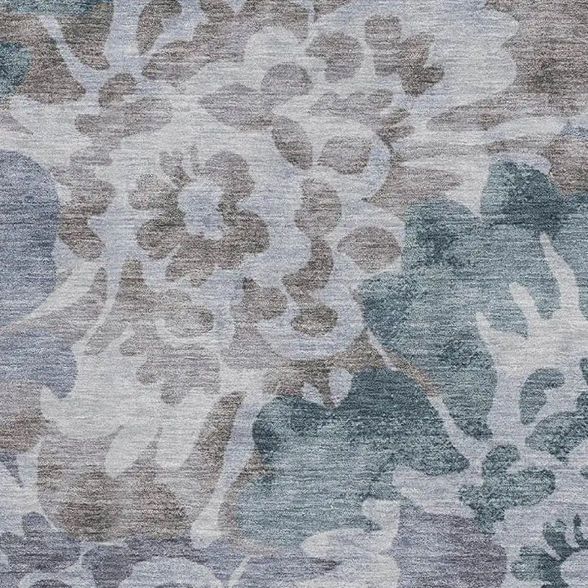Blue And Silver Floral Washable Area Rug With UV Protection Photo 3