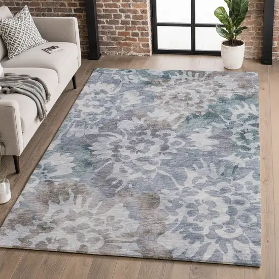 Blue And Silver Floral Washable Area Rug With UV Protection Photo 5