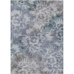 Photo of Blue And Silver Floral Washable Indoor Outdoor Area Rug