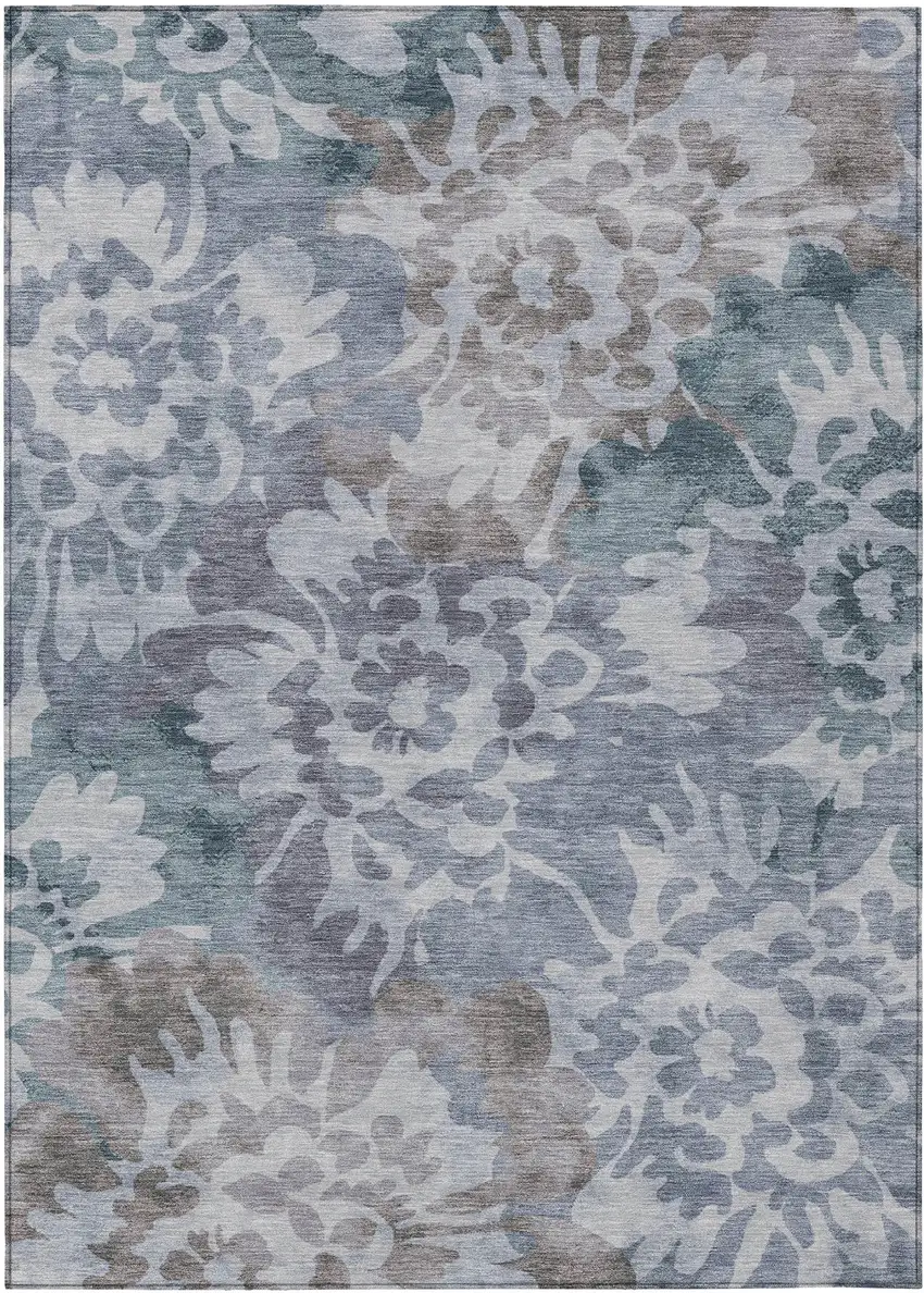 Blue And Silver Floral Washable Indoor Outdoor Area Rug Photo 1