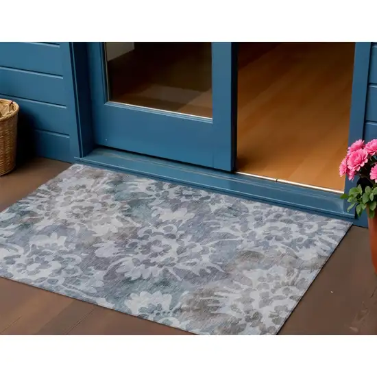 Blue And Silver Floral Washable Indoor Outdoor Area Rug Photo 2