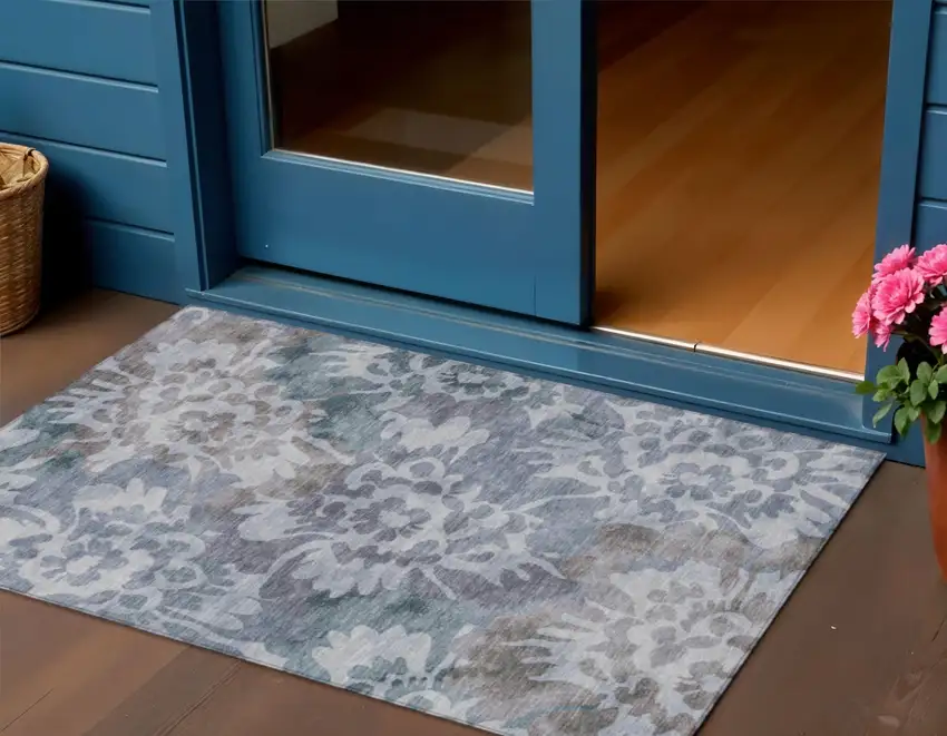 Blue And Silver Floral Washable Indoor Outdoor Area Rug Photo 2