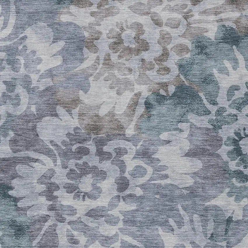 Blue And Silver Floral Washable Indoor Outdoor Area Rug Photo 3