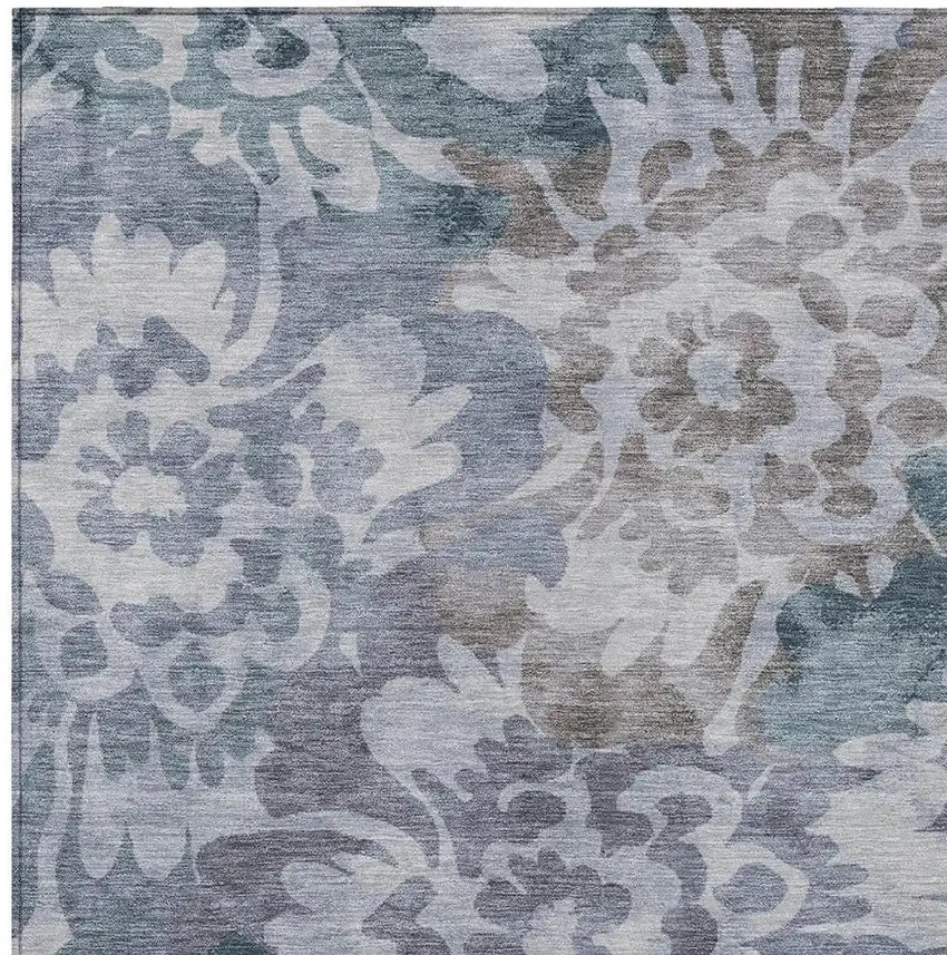 Blue And Silver Floral Washable Indoor Outdoor Area Rug Photo 7