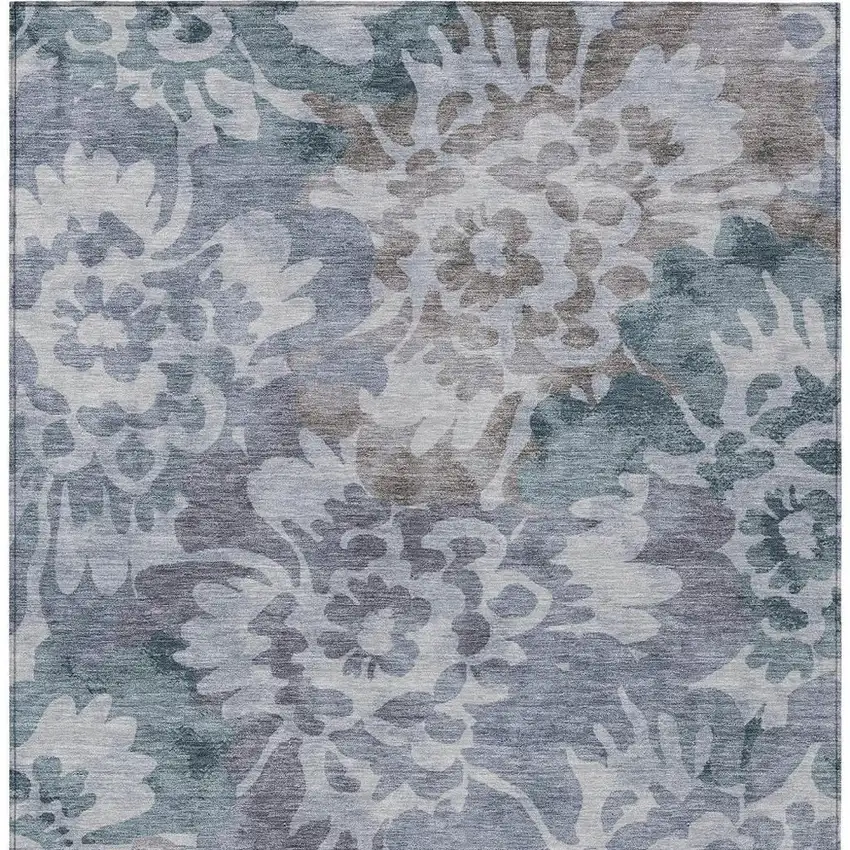 Blue And Silver Floral Washable Indoor Outdoor Area Rug Photo 9