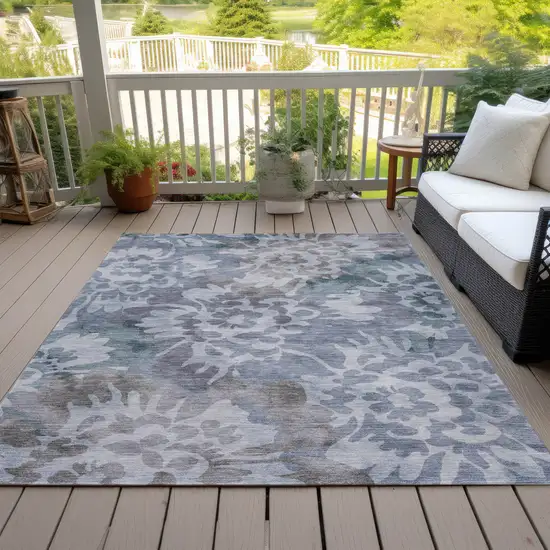 Blue And Silver Floral Washable Indoor Outdoor Area Rug Photo 8