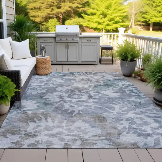 Blue And Silver Floral Washable Indoor Outdoor Area Rug Photo 5