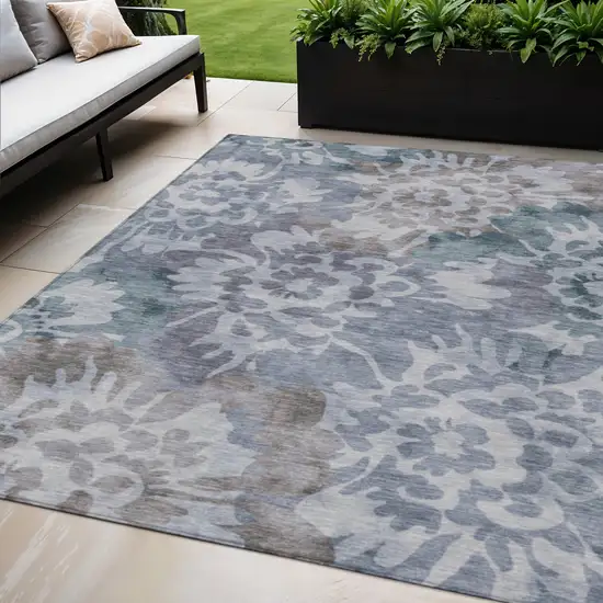 Blue And Silver Floral Washable Indoor Outdoor Area Rug Photo 2