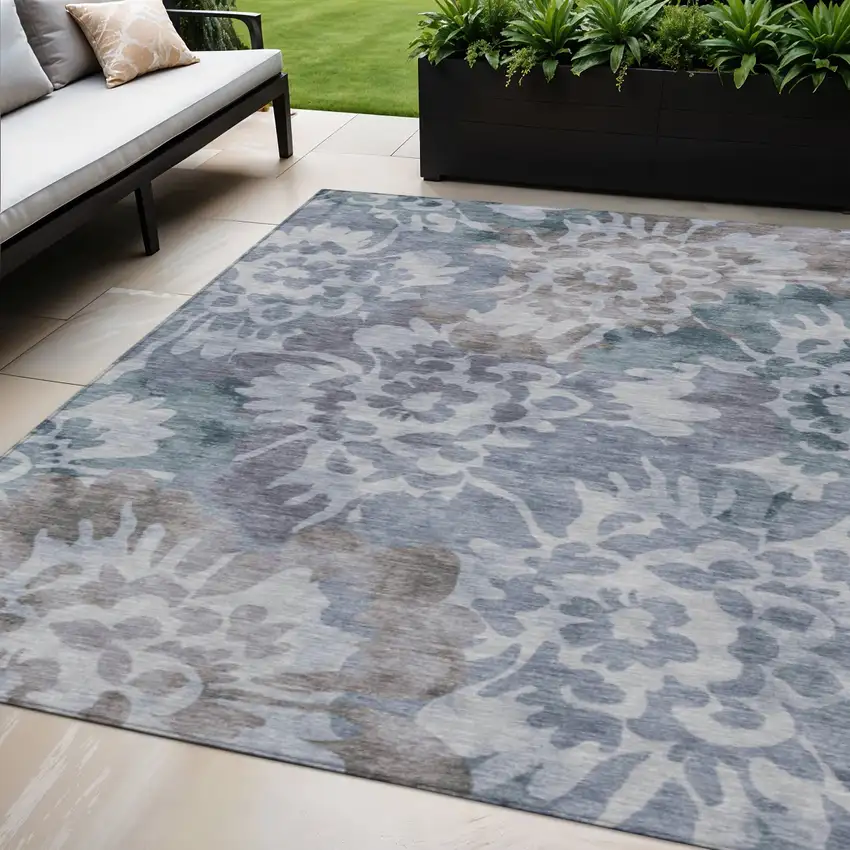 Blue And Silver Floral Washable Indoor Outdoor Area Rug Photo 2