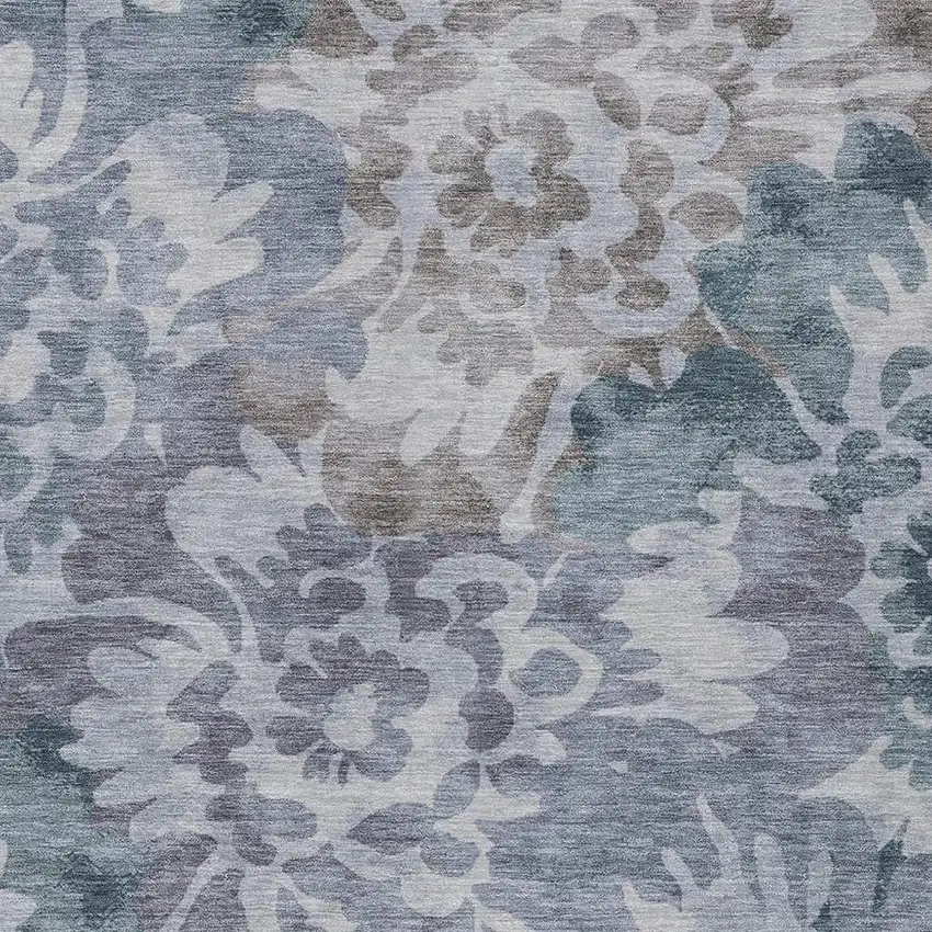 Blue And Silver Floral Washable Indoor Outdoor Area Rug Photo 3
