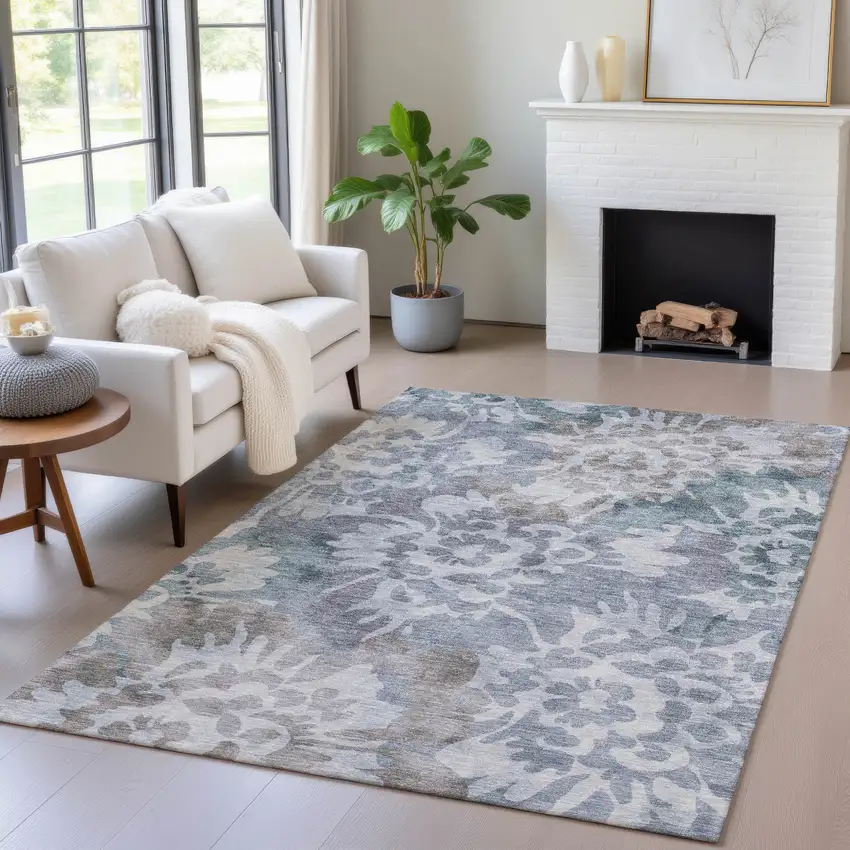 Blue And Silver Floral Washable Indoor Outdoor Area Rug Photo 5