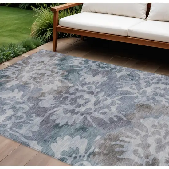 Blue And Silver Floral Washable Indoor Outdoor Area Rug Photo 2