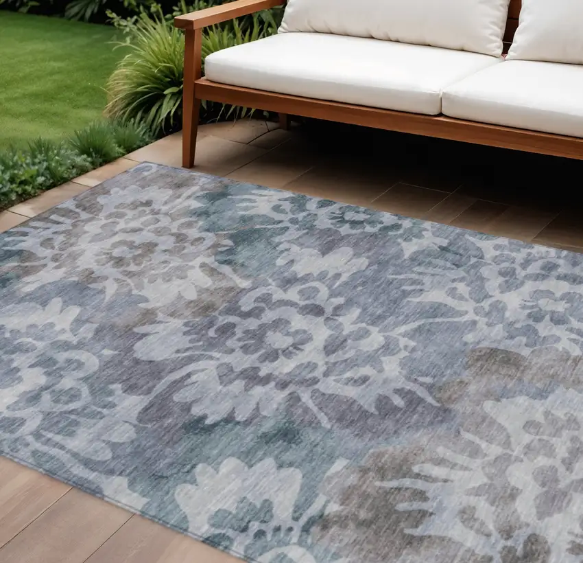 Blue And Silver Floral Washable Indoor Outdoor Area Rug Photo 2