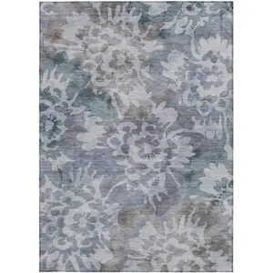 Photo of Blue And Silver Floral Washable Indoor Outdoor Area Rug